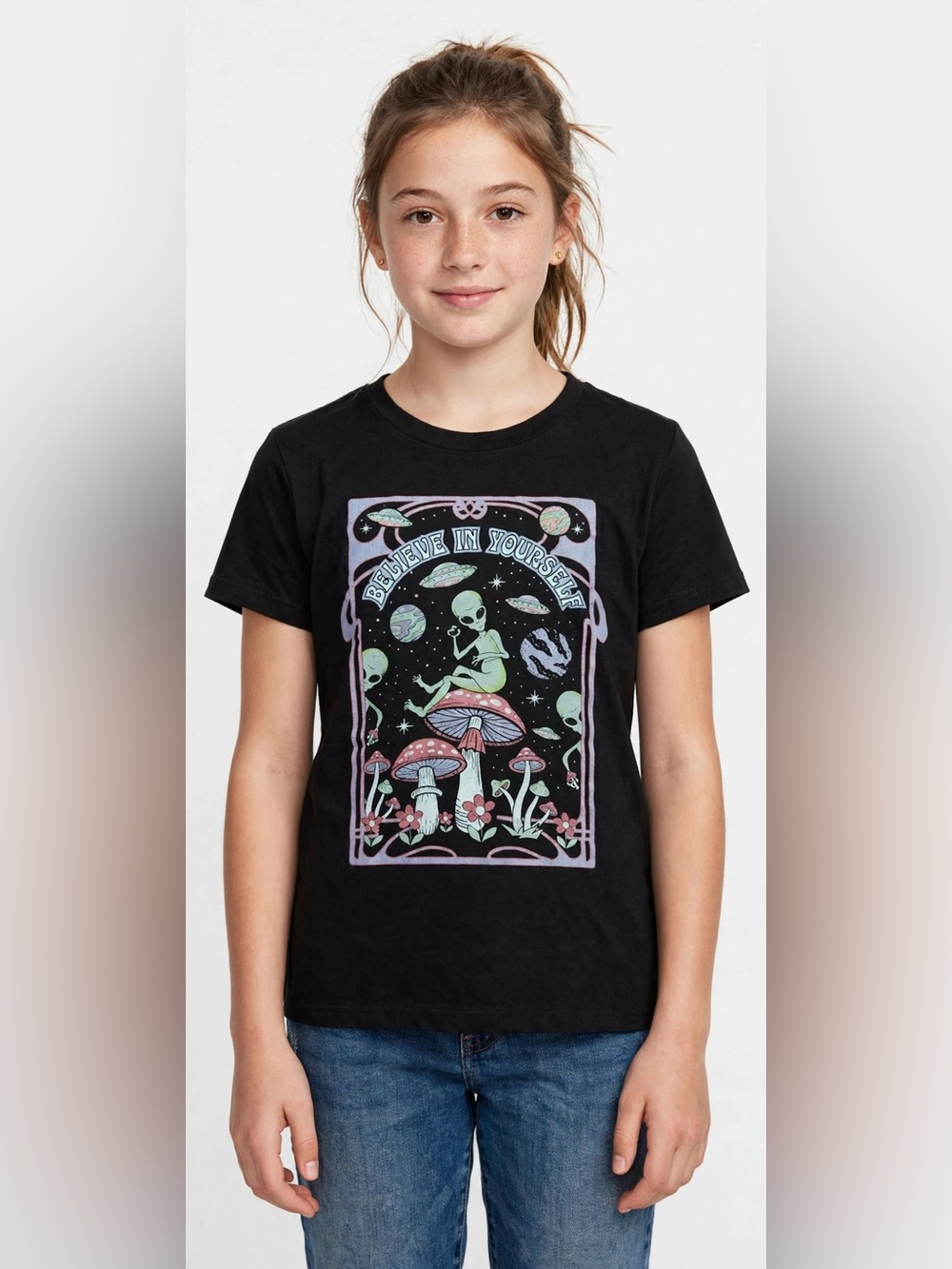 Black 'Believe in Yourself' Alien Graphic Kids Tee